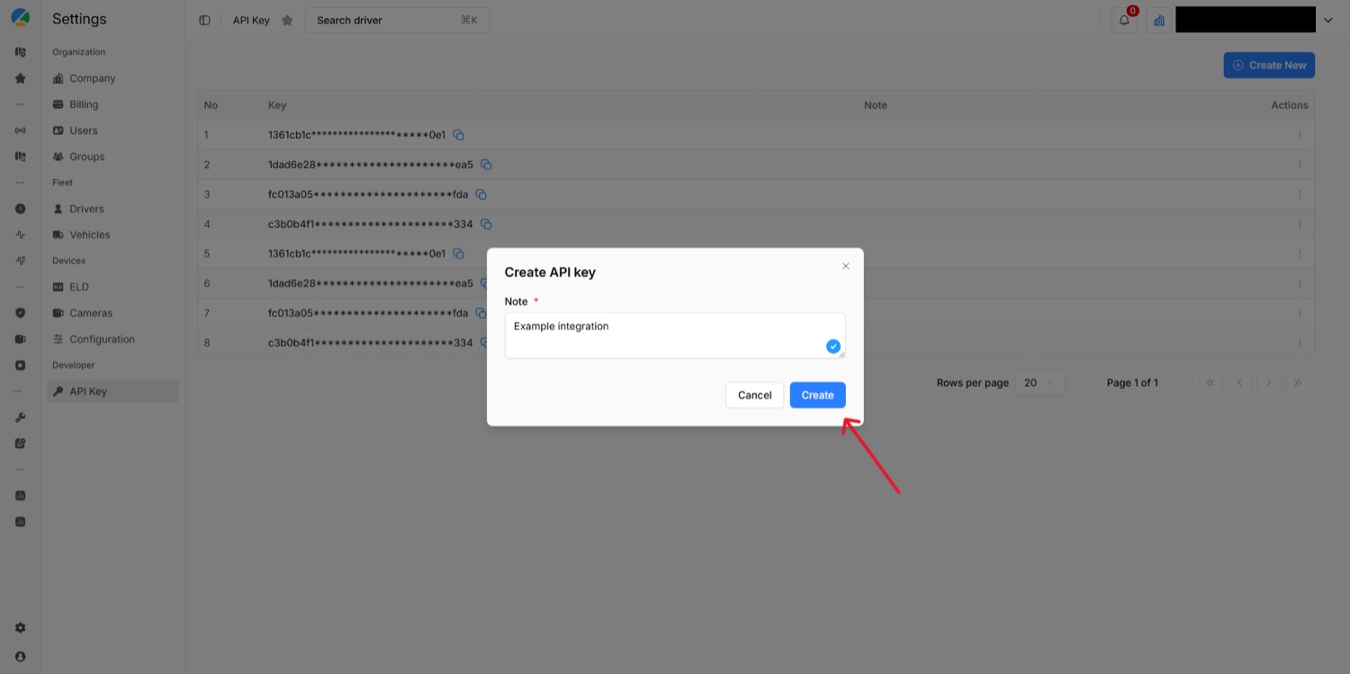 Modal asking for a note for the new API key, with a Create button